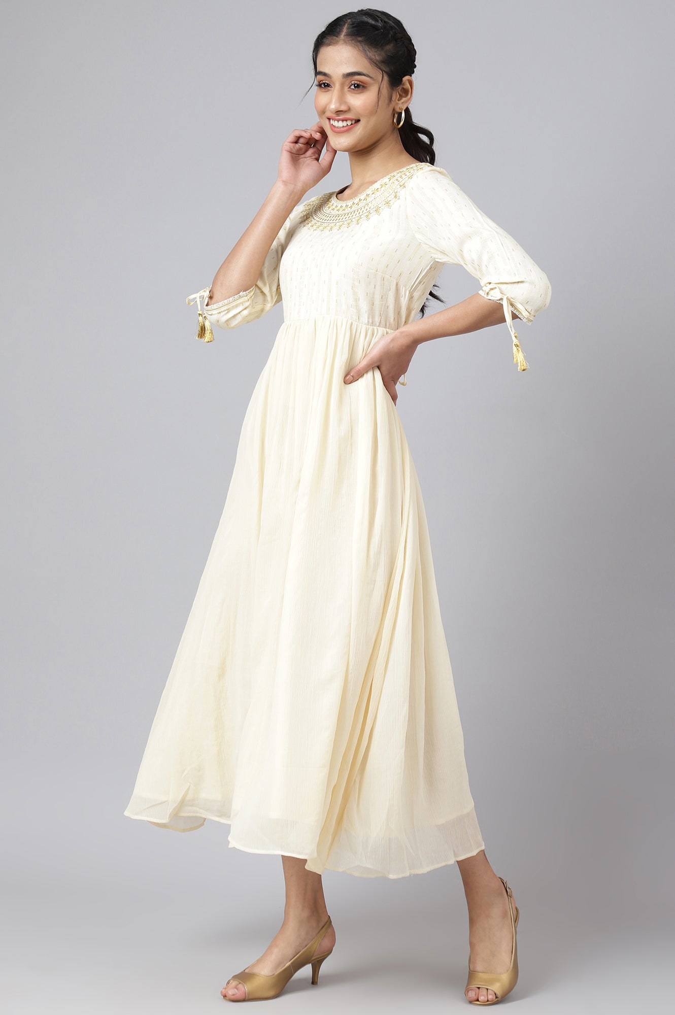 Cream Chiffon Dress with Gold Embroidery