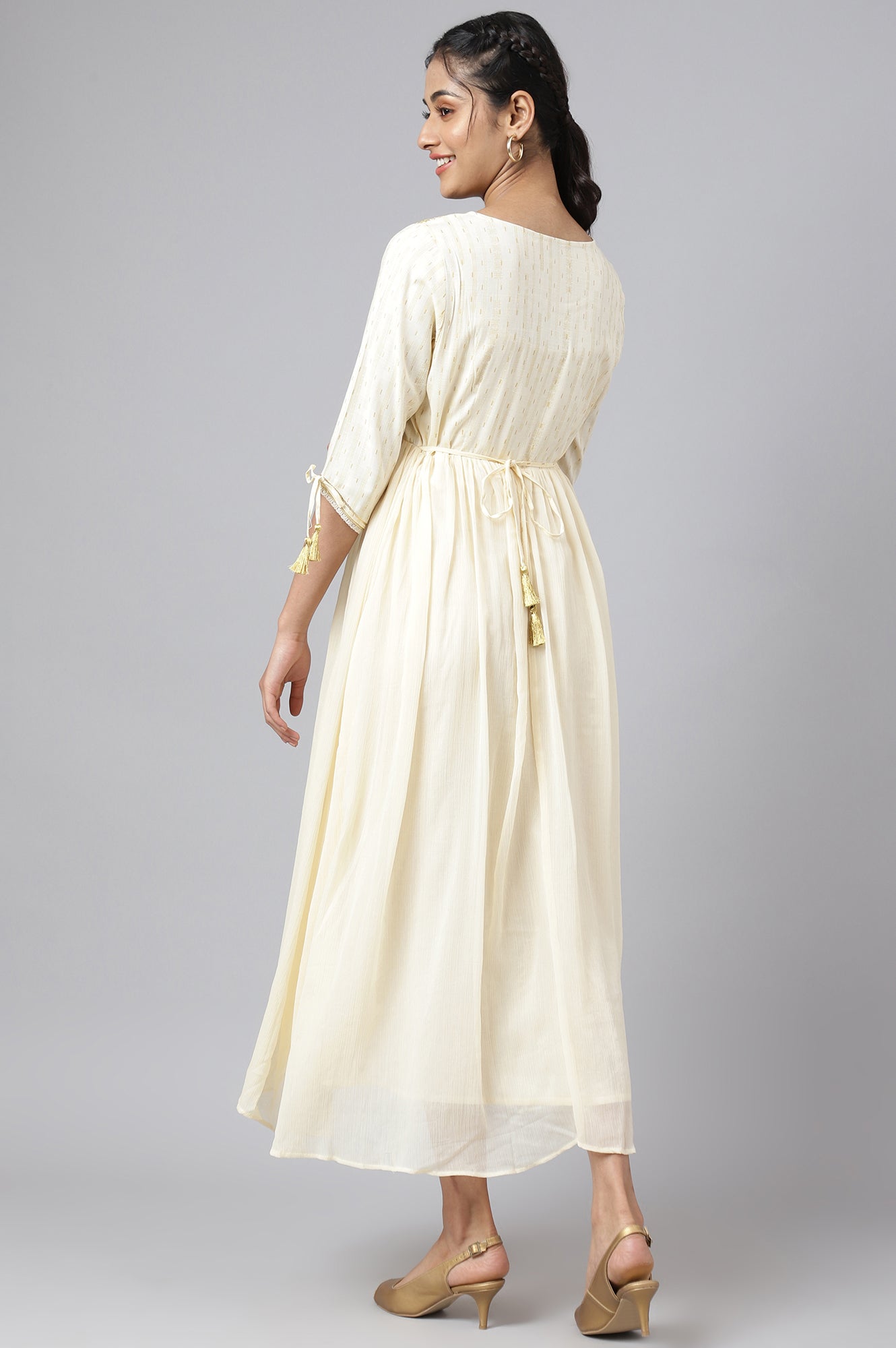 Cream Chiffon Dress with Gold Embroidery