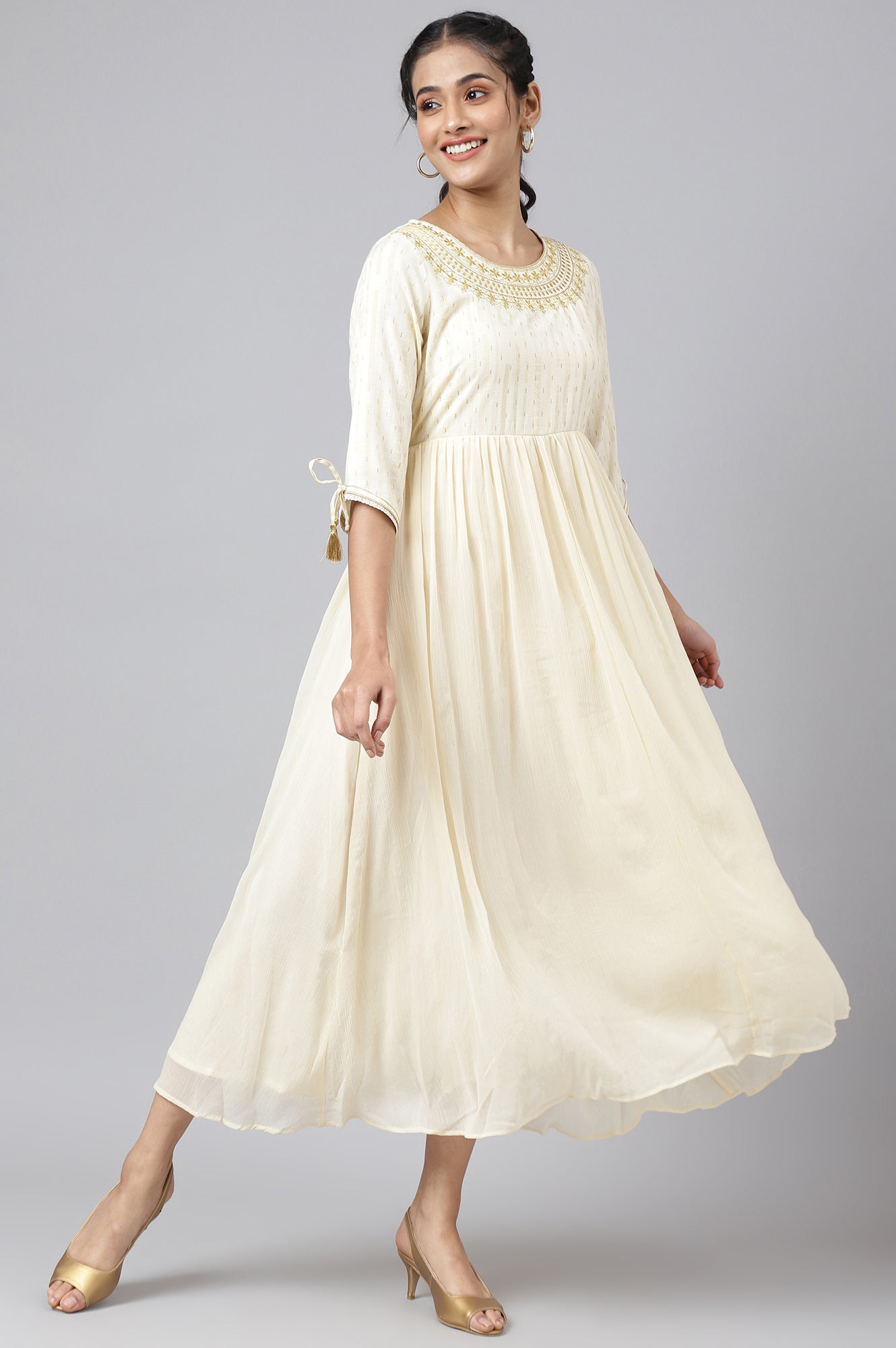 Cream Chiffon Dress with Gold Embroidery