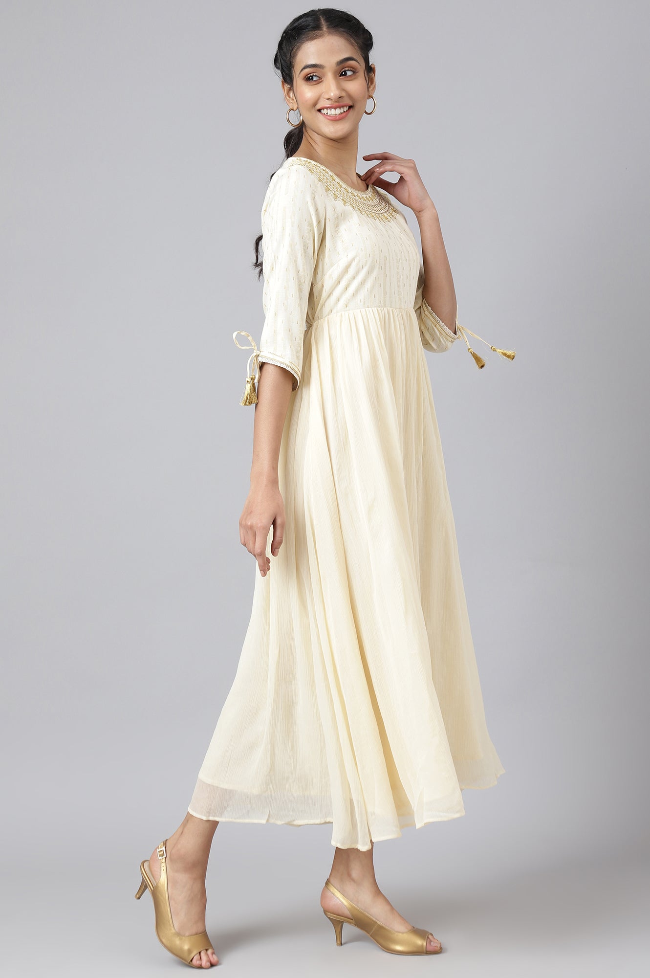 Cream Chiffon Dress with Gold Embroidery