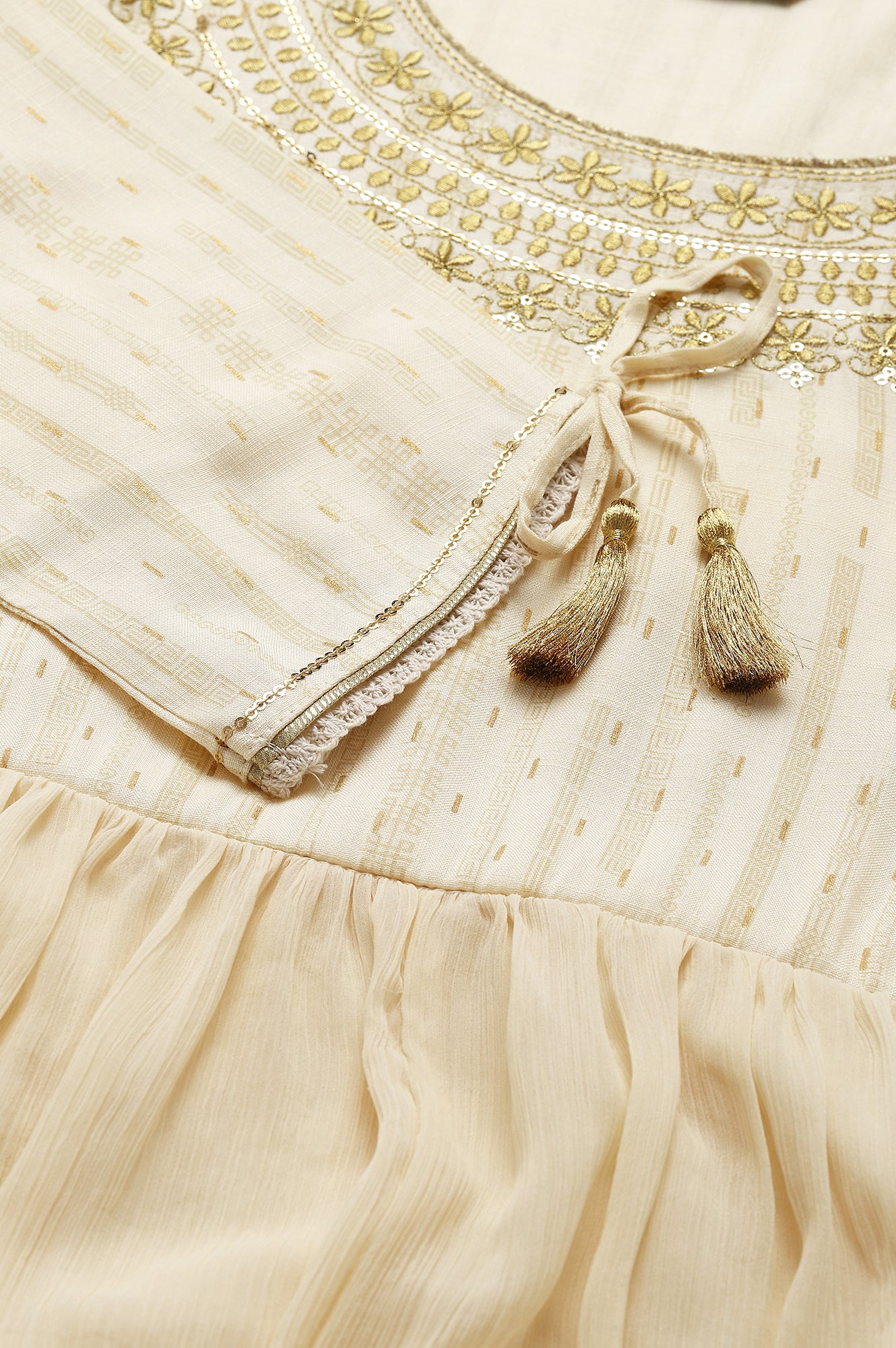 Cream Chiffon Dress with Gold Embroidery