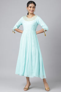 Blue Chiffon Dress with Gold Embroidery