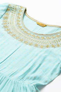 Blue Chiffon Dress with Gold Embroidery
