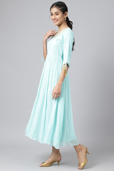 Blue Chiffon Dress with Gold Embroidery