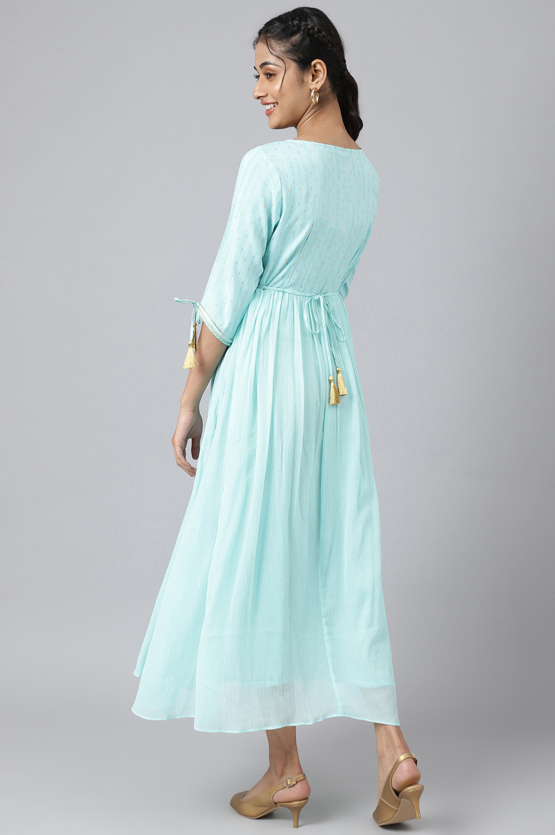 Blue Chiffon Dress with Gold Embroidery