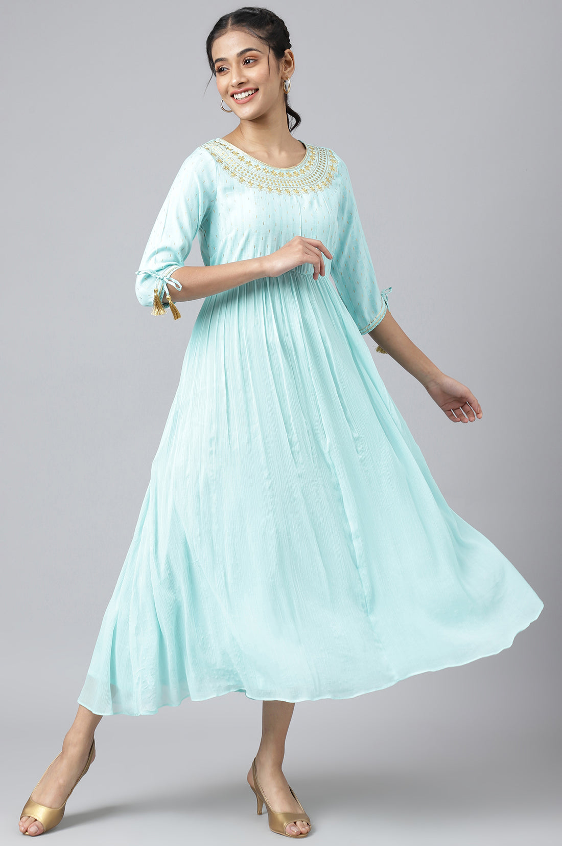 Blue Chiffon Dress with Gold Embroidery