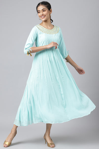 Blue Chiffon Dress with Gold Embroidery