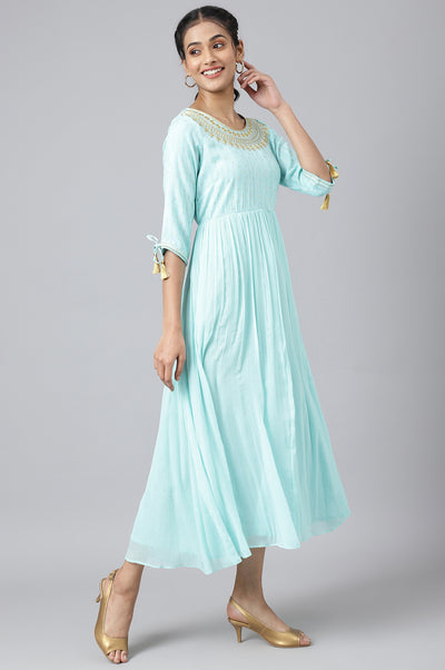 Blue Chiffon Dress with Gold Embroidery