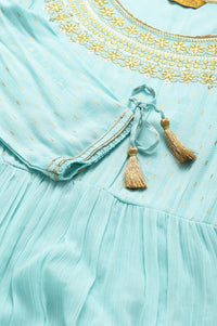 Blue Chiffon Dress with Gold Embroidery