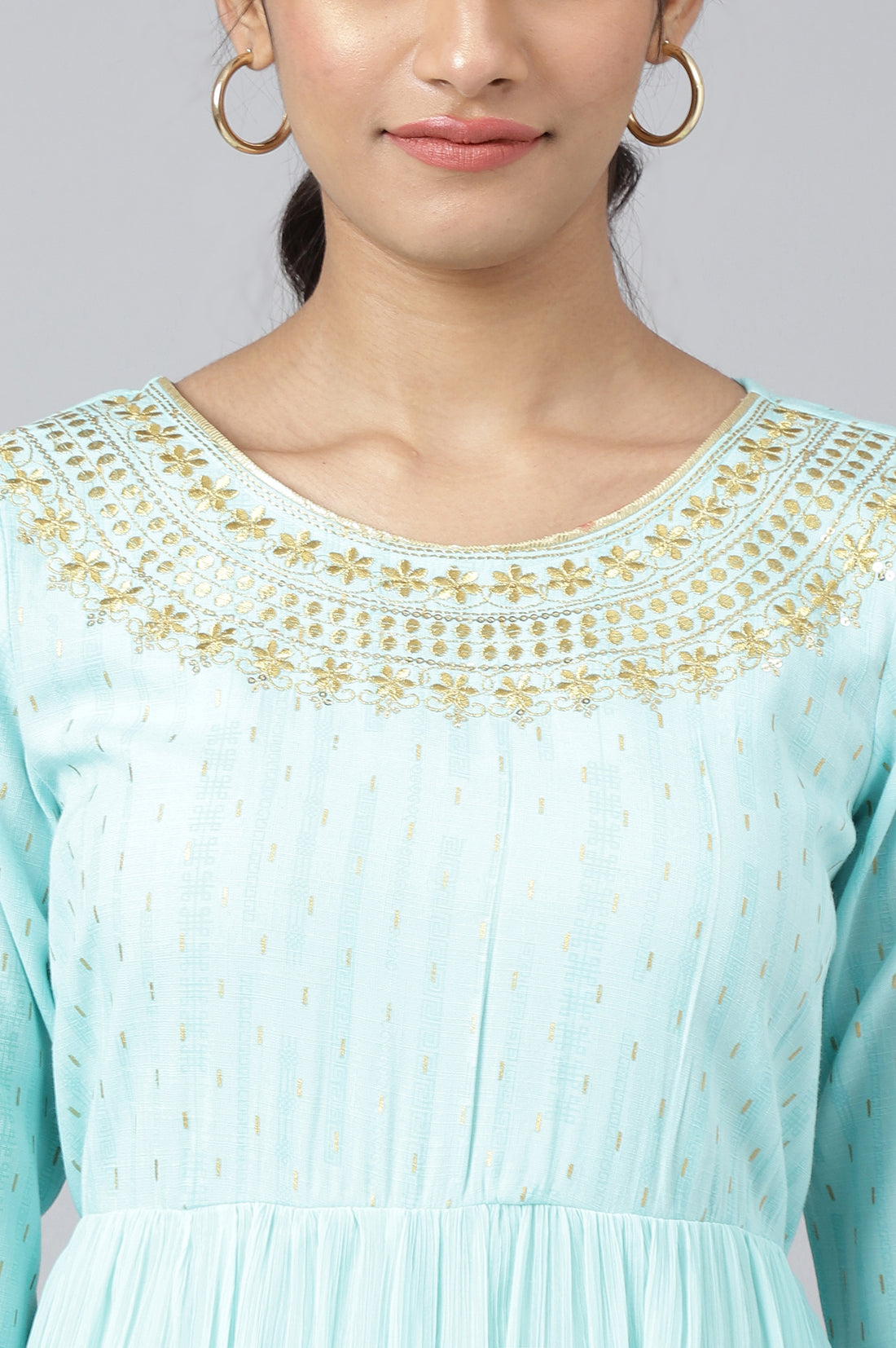 Blue Chiffon Dress with Gold Embroidery