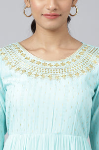 Blue Chiffon Dress with Gold Embroidery