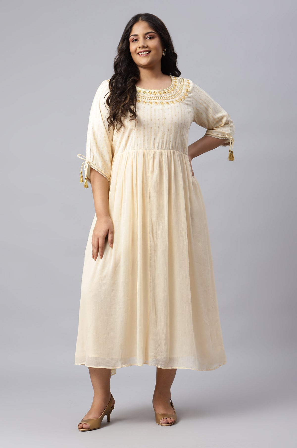 Natural Chiffon Embellished Dress - 4XL