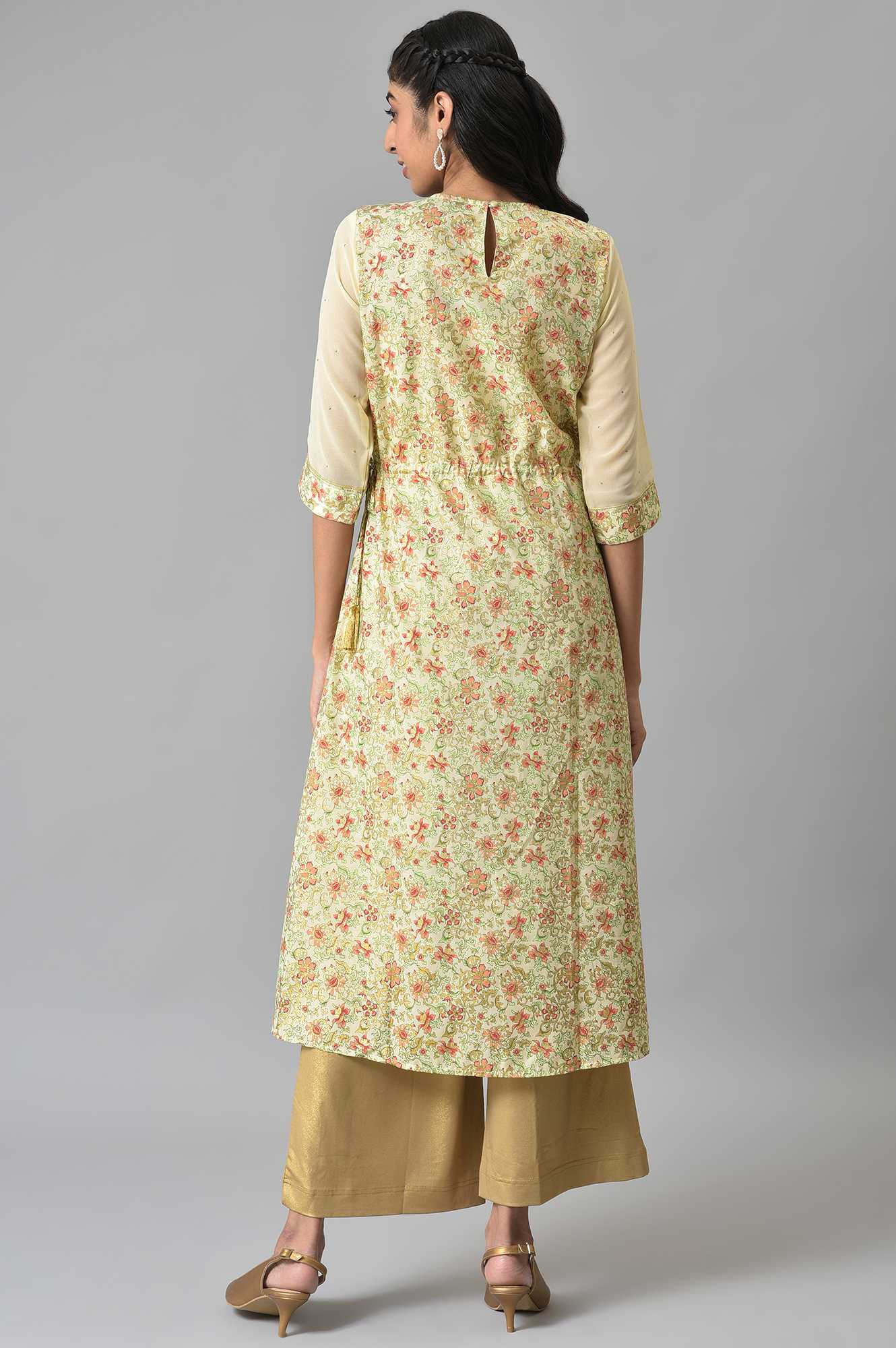 Beige Floral Printed A-line Kurta