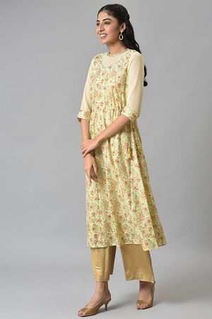 Biege A-line Floral Printed kurta