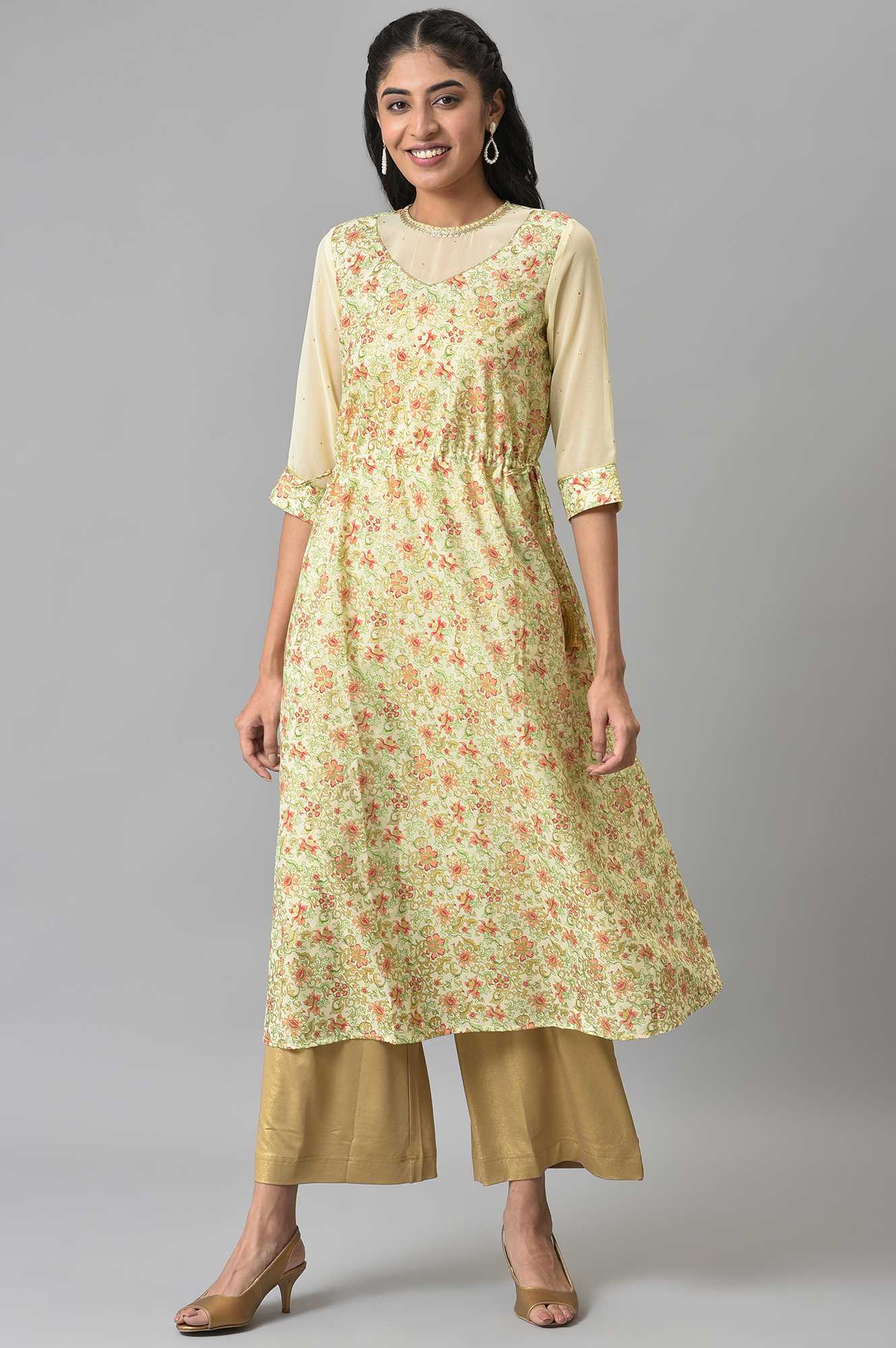 Beige Floral Printed A-line Kurta