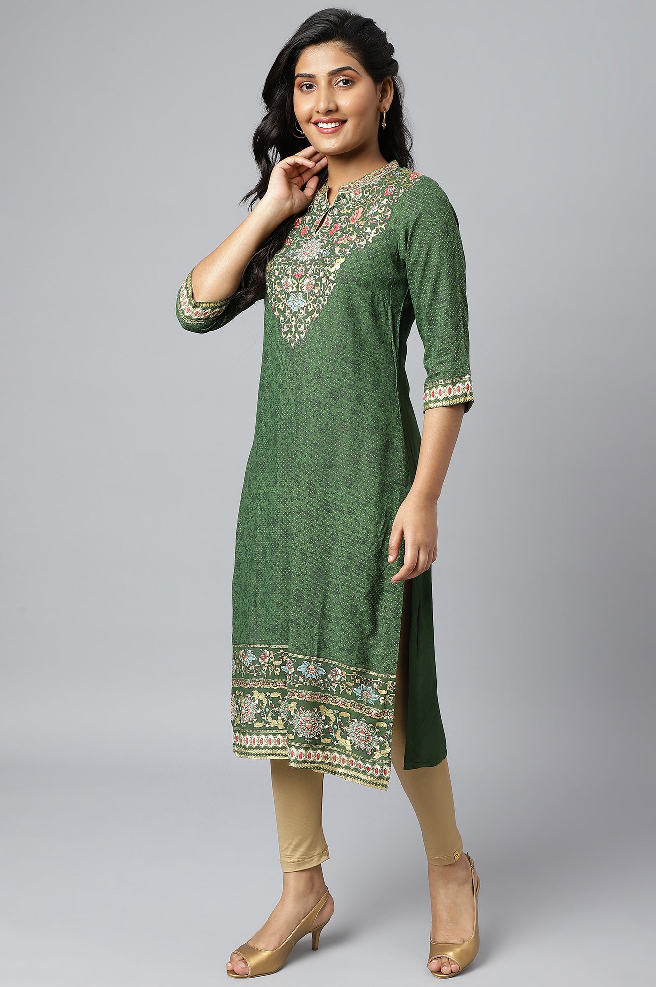 Dark Olive Foil Printed Rayon LIVA kurta