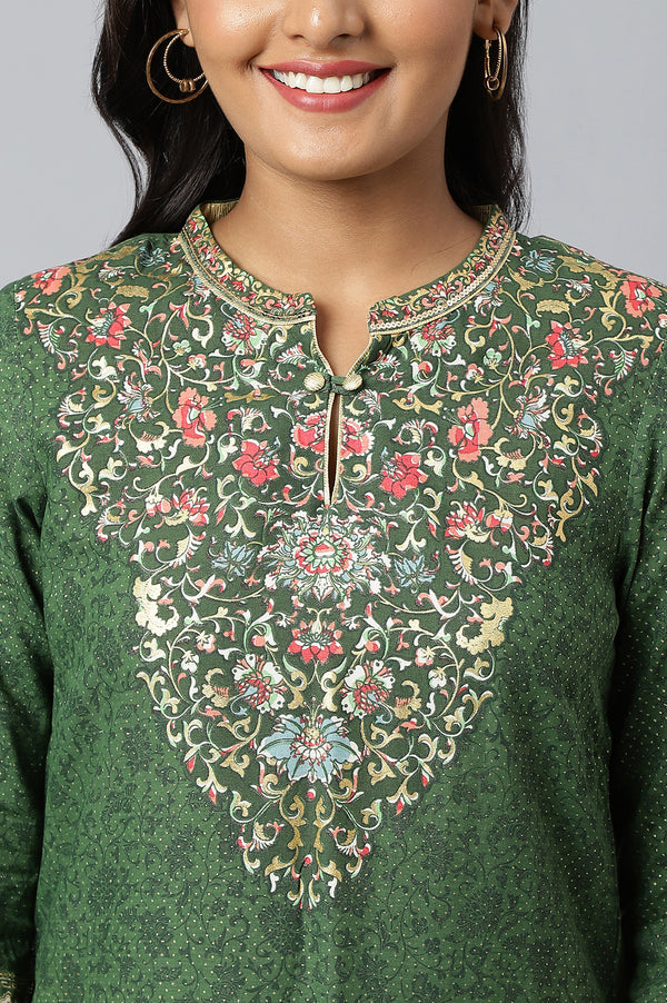 Green Foil Printed Sequins Straight Kurta and Palazzo Set