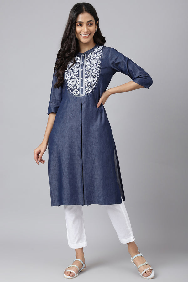 Blue Embroidered Denim Kurta