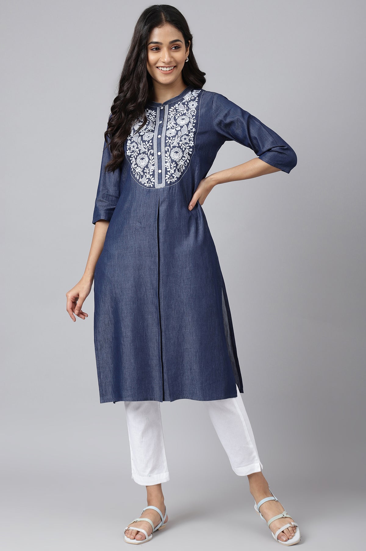 Blue Embroidered Denim Kurta - XS