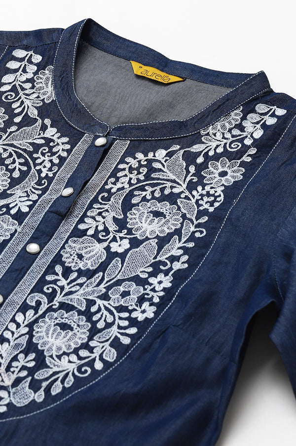 Blue Embroidered Denim Kurta