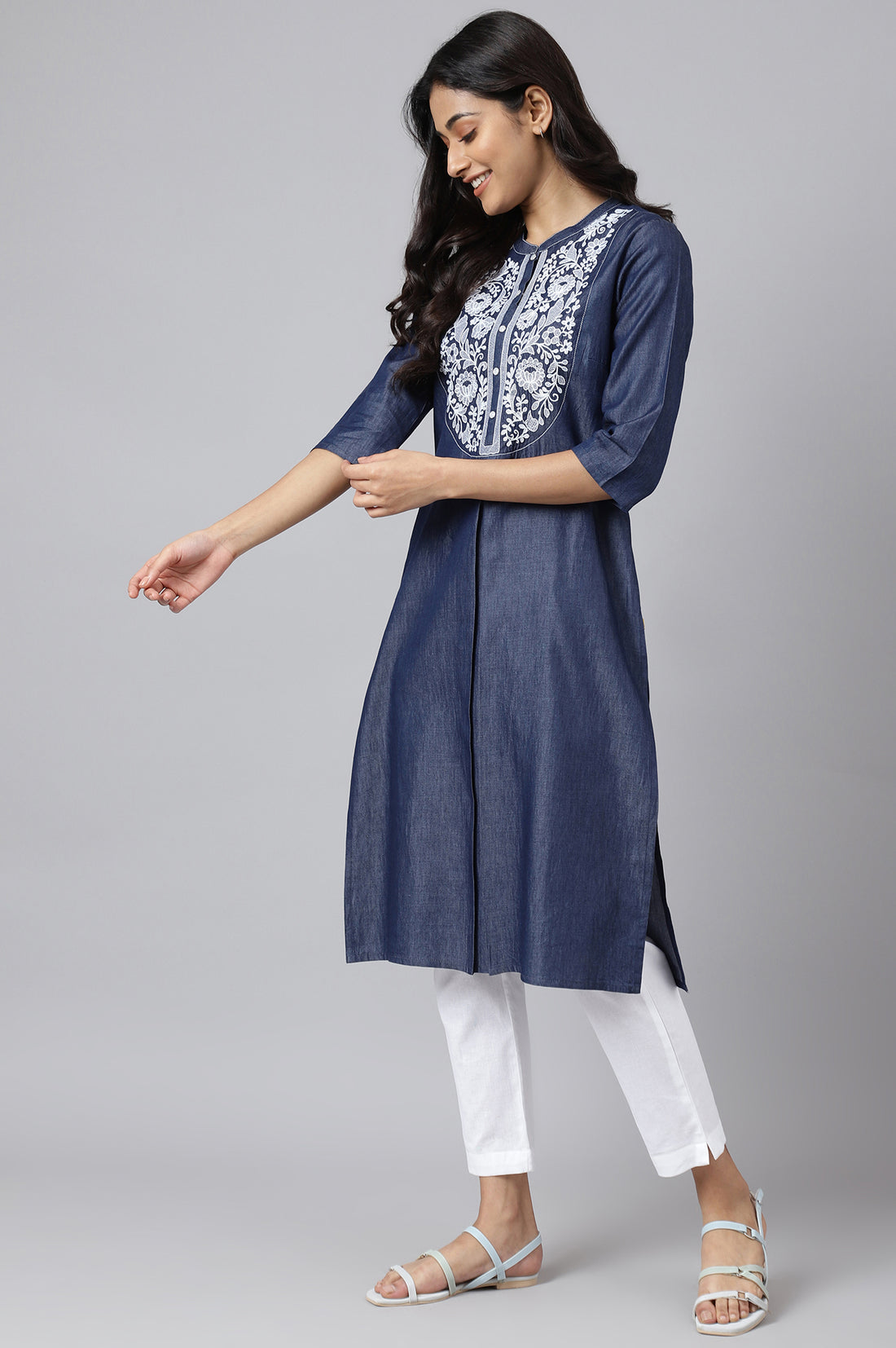 Blue Embroidered Denim Kurta