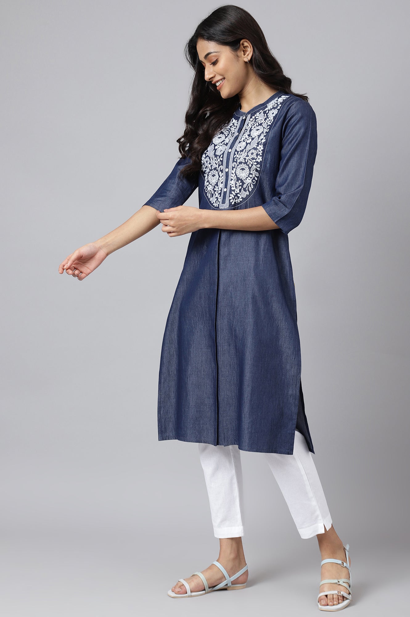 Blue Embroidered Denim kurta