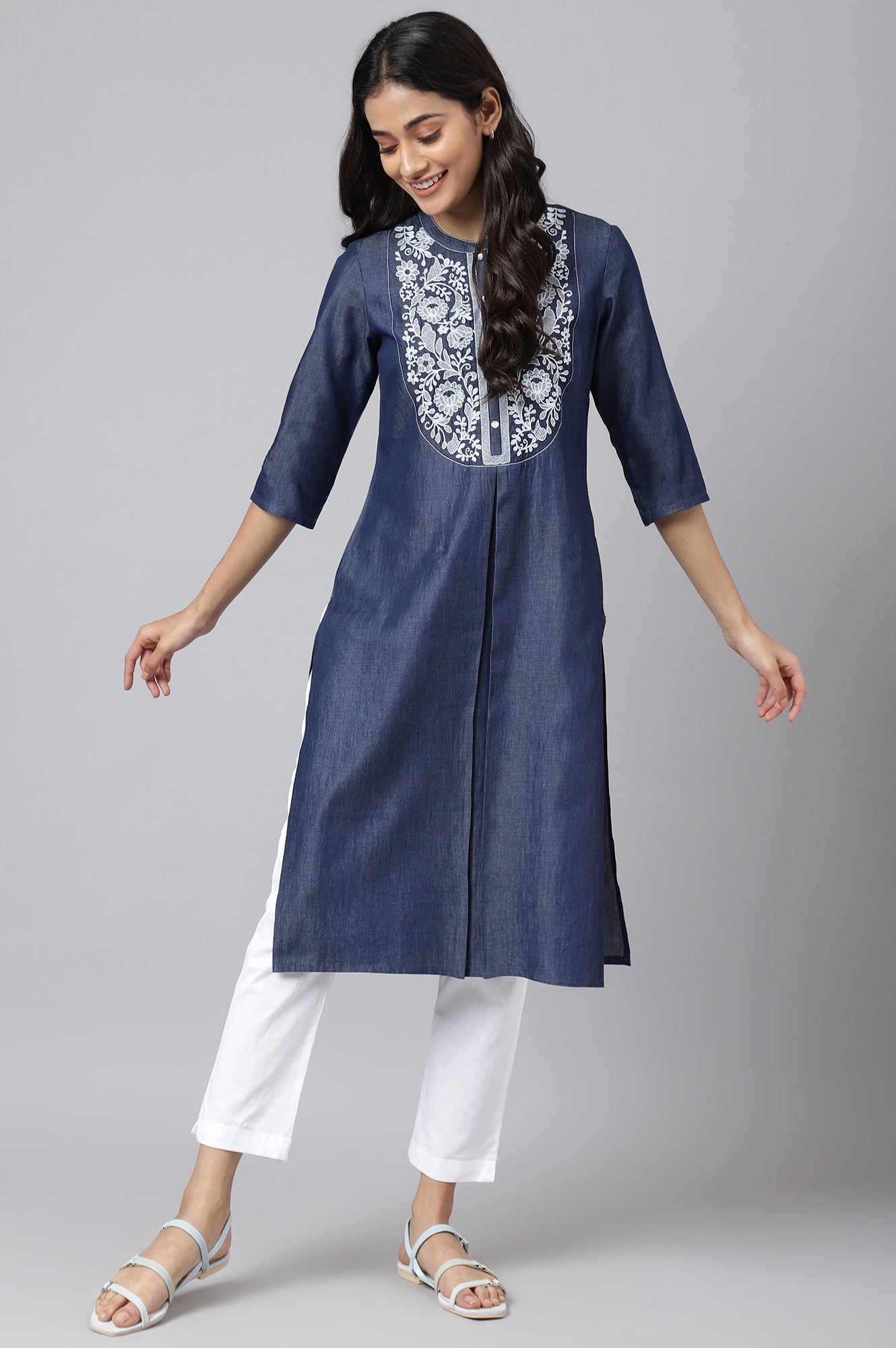 Blue Embroidered Denim kurta