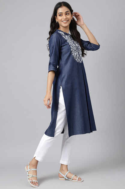 Blue Embroidered Denim kurta