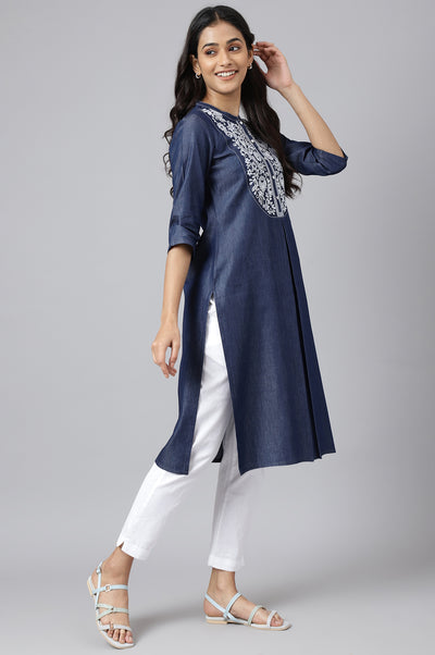 Blue Embroidered Denim kurta