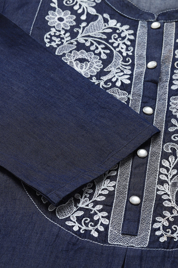 Blue Embroidered Denim Kurta
