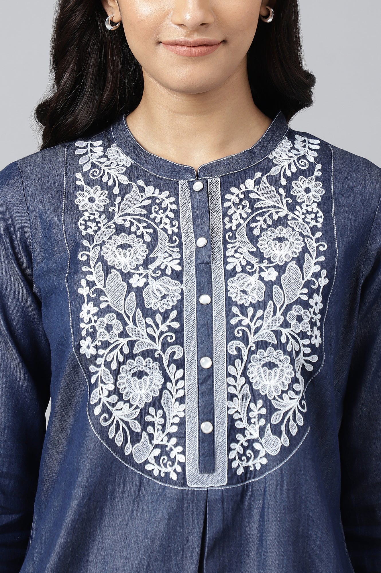 Blue Embroidered Denim kurta