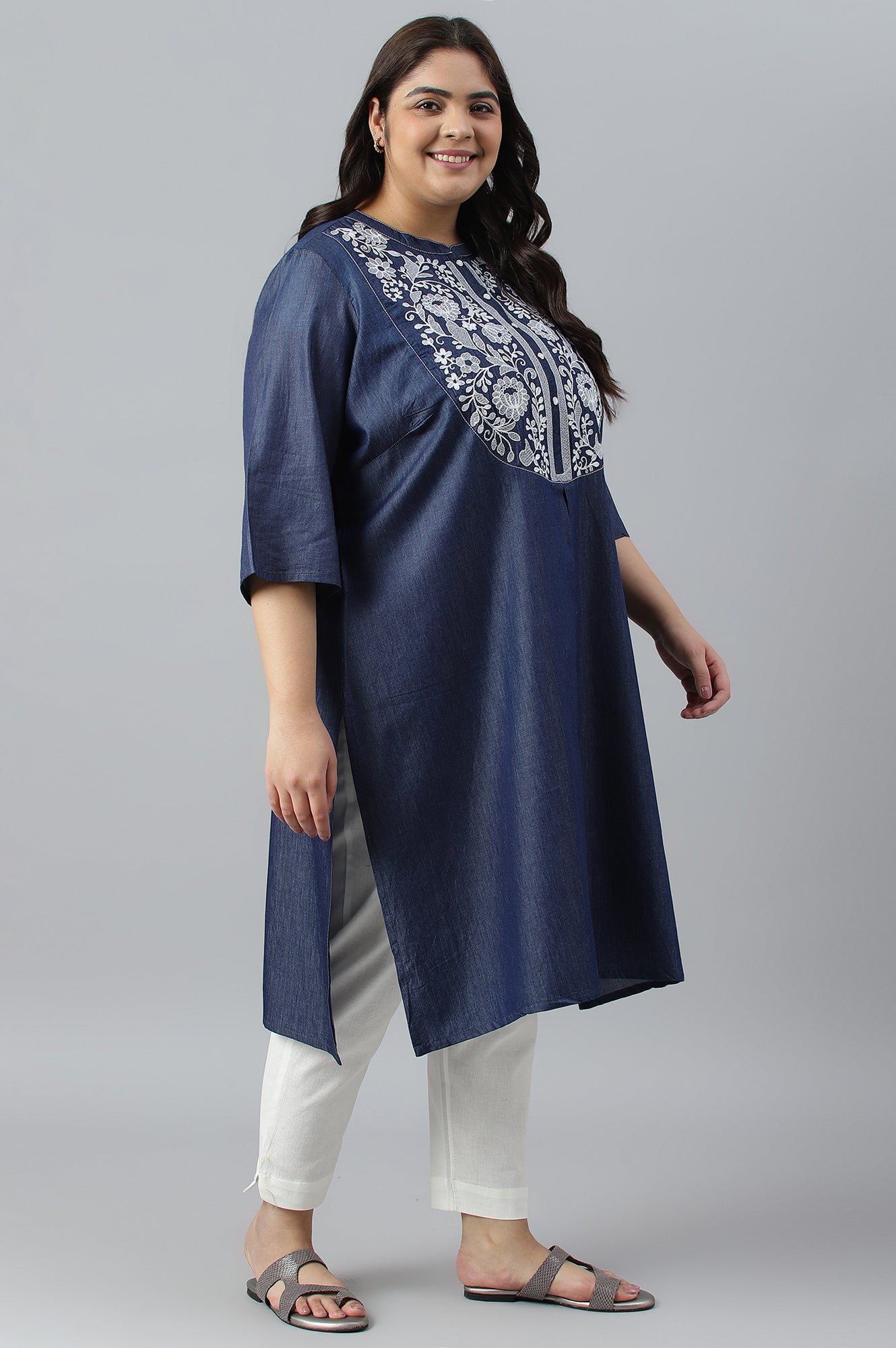 Blue Embroidered Denim Plus Size kurta