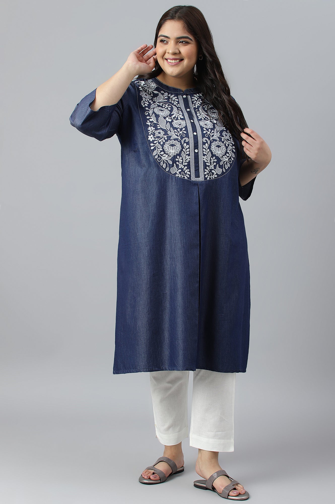 Blue Embroidered Denim Plus Size kurta