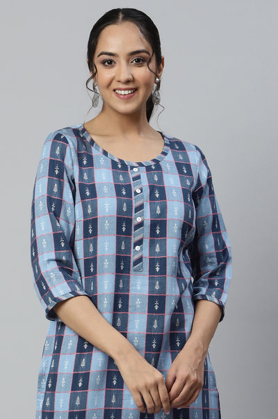 Blue Yarn Dyed Cotton Blend Straight Kurta and Palazzo Set