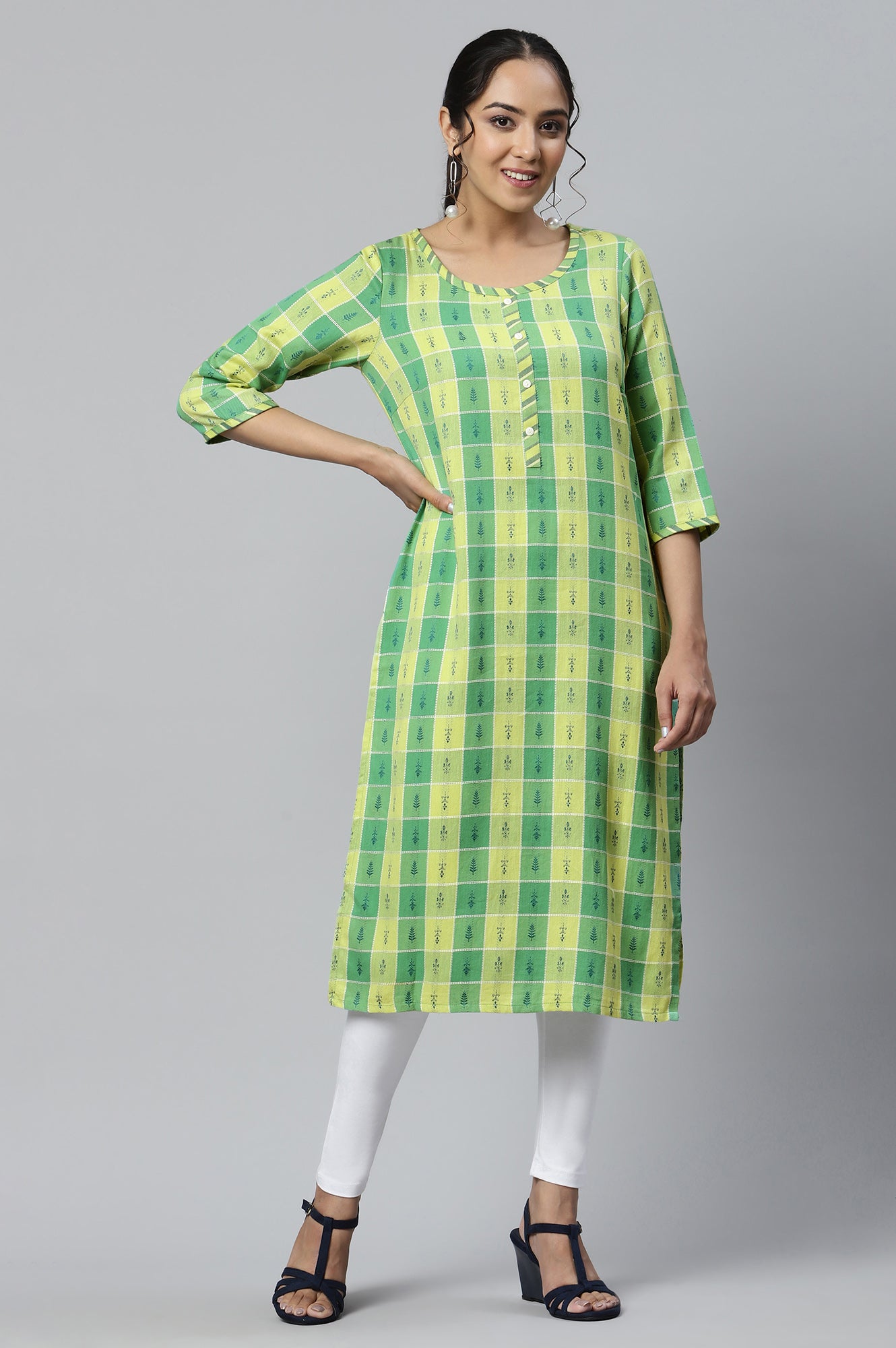 Green Dobby Printed Ethnic kurta