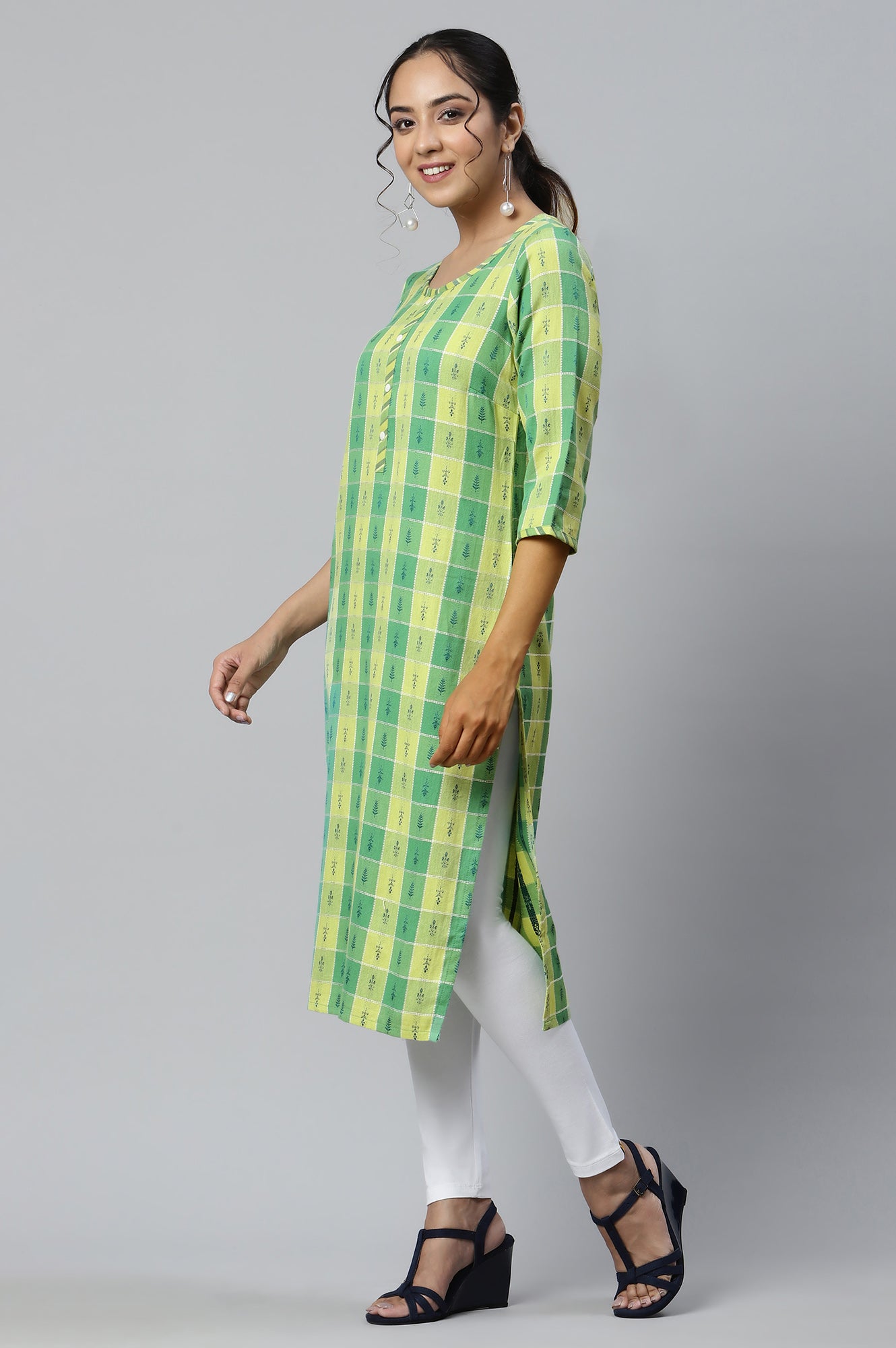 Green Dobby Printed Ethnic kurta