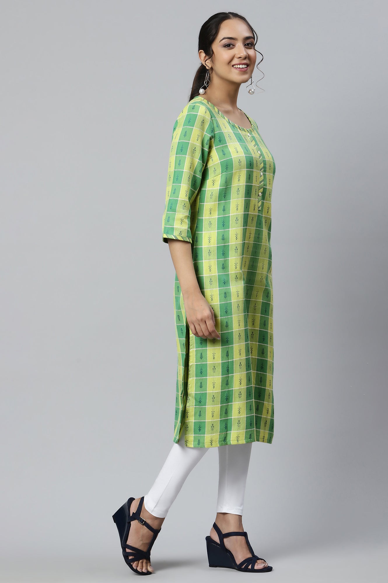 Green Dobby Printed Ethnic kurta