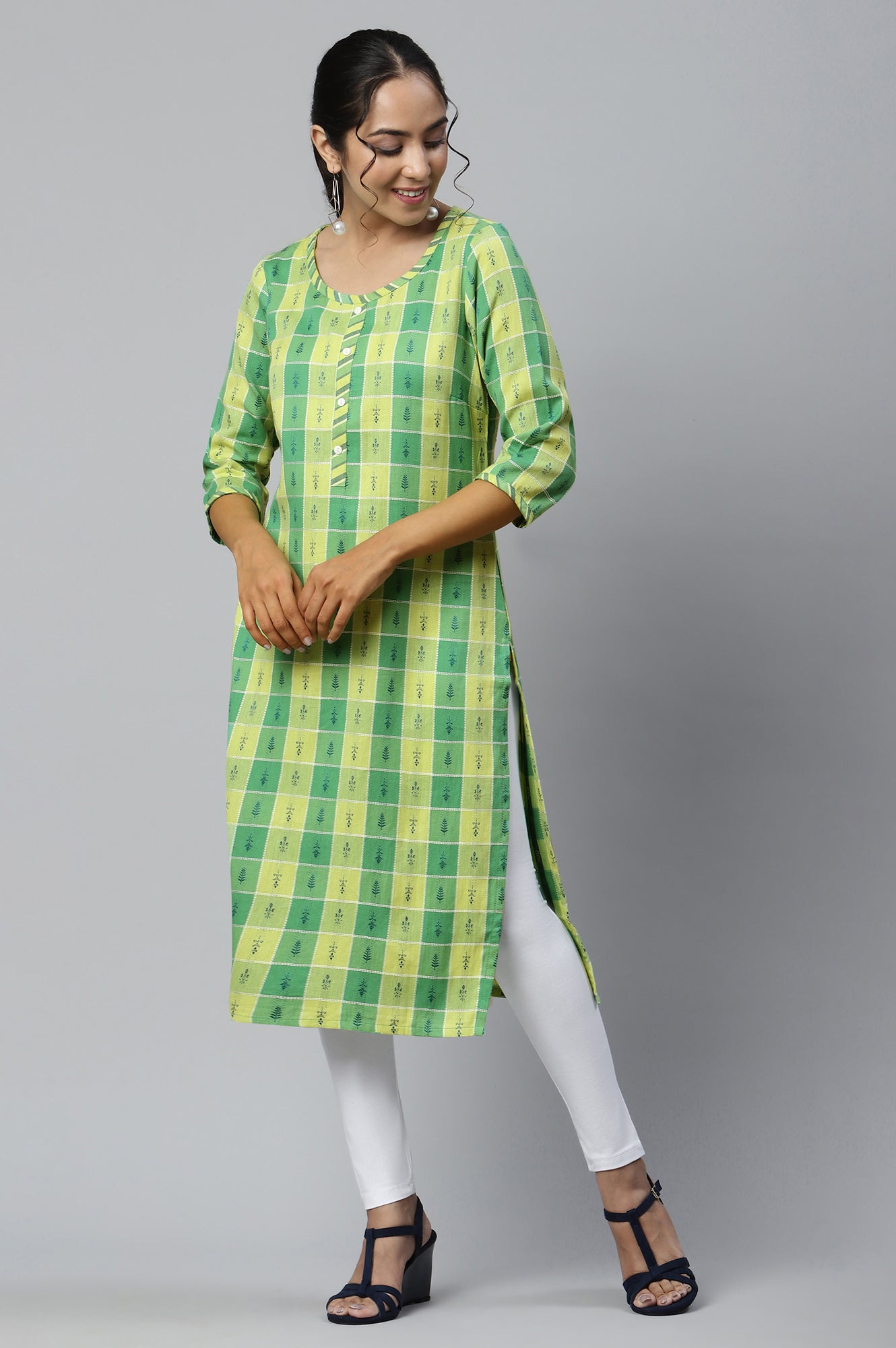 Green Dobby Printed Ethnic kurta