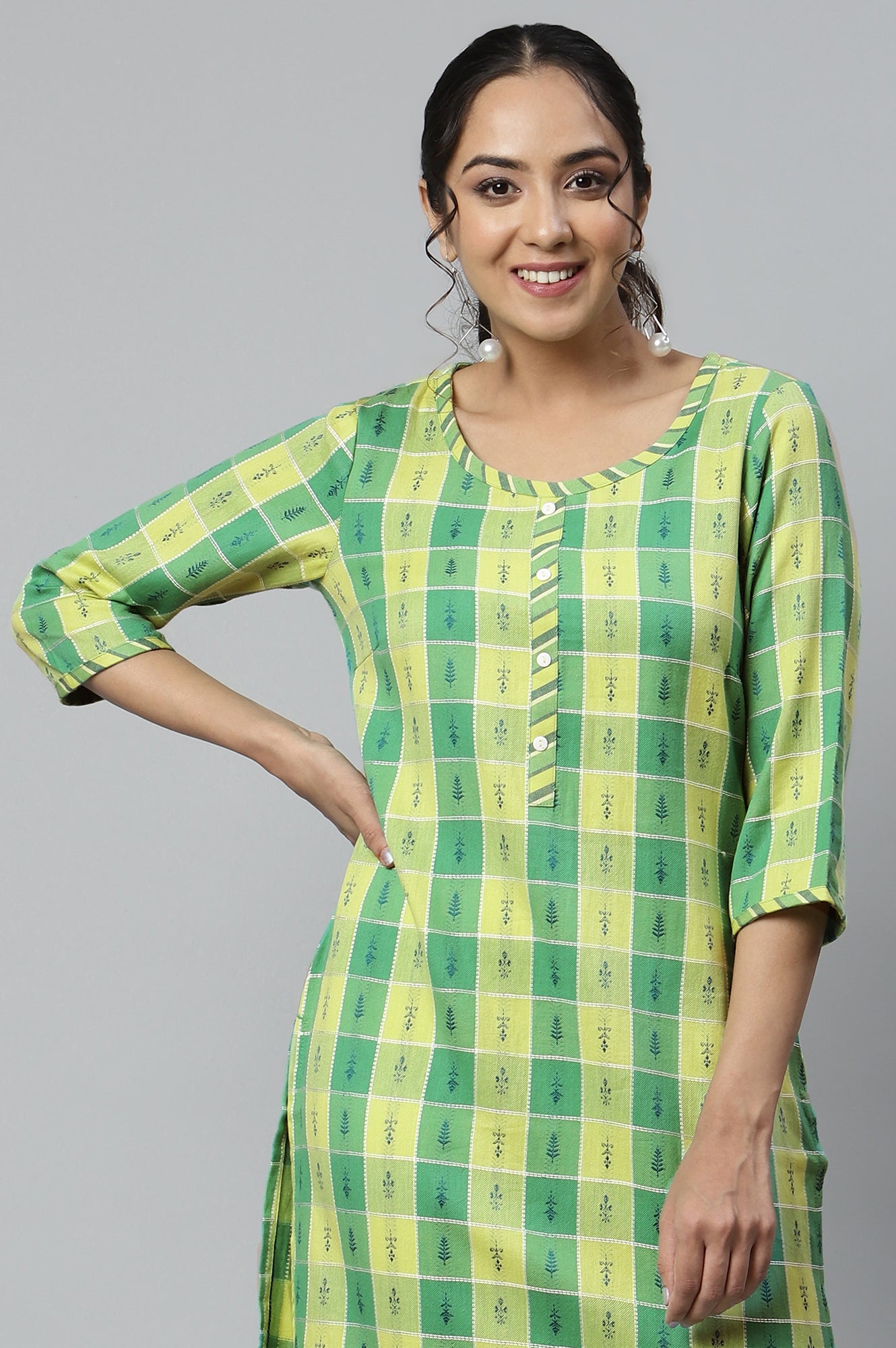 Green Dobby Printed Ethnic kurta