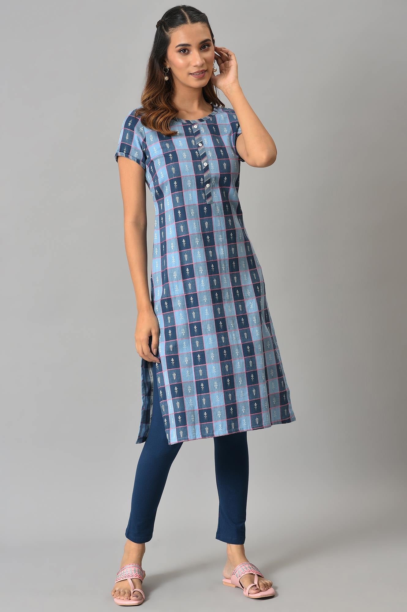 Blue Dobby Printed Ethnic kurta