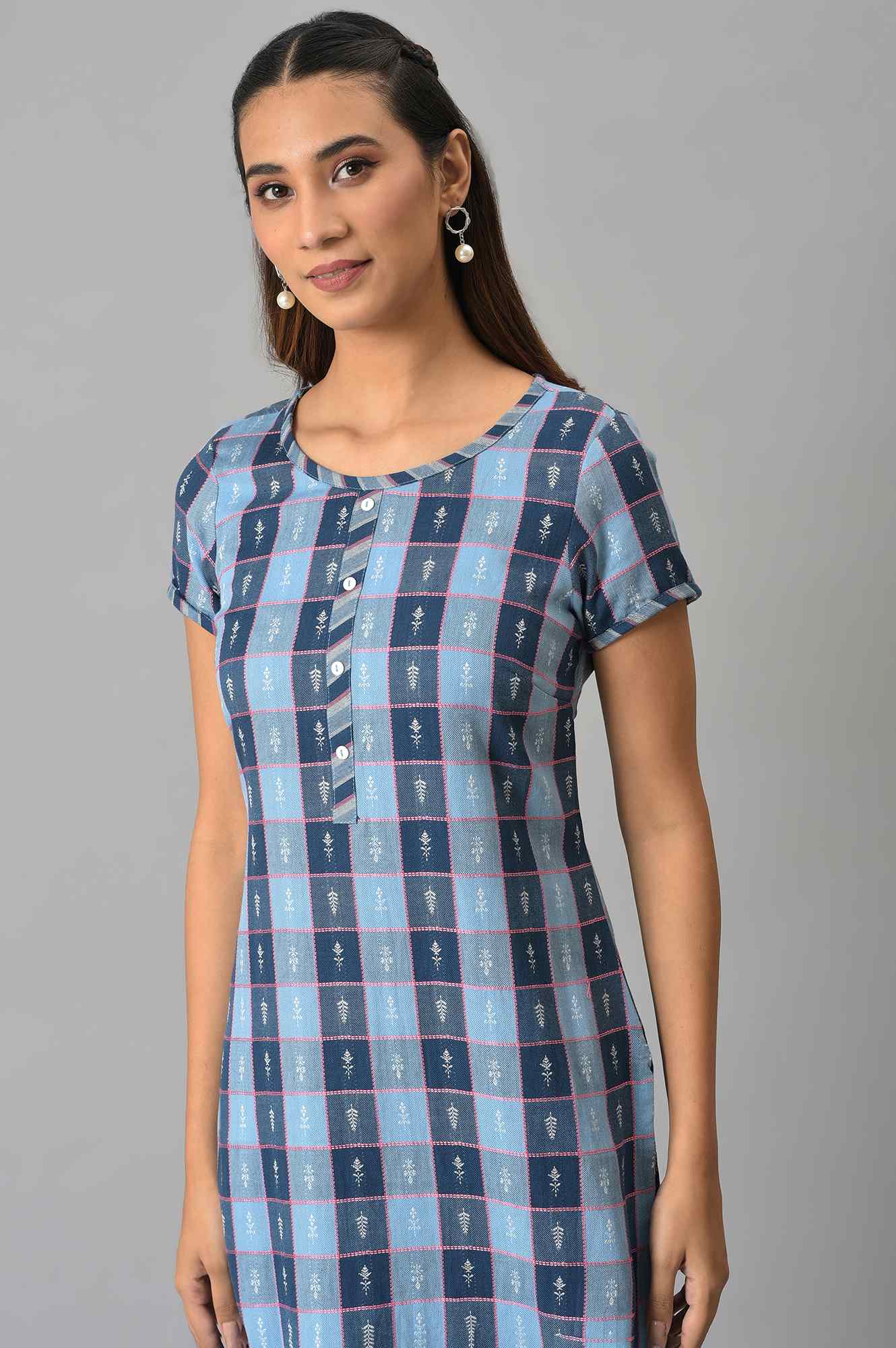 Blue Dobby Printed Ethnic kurta