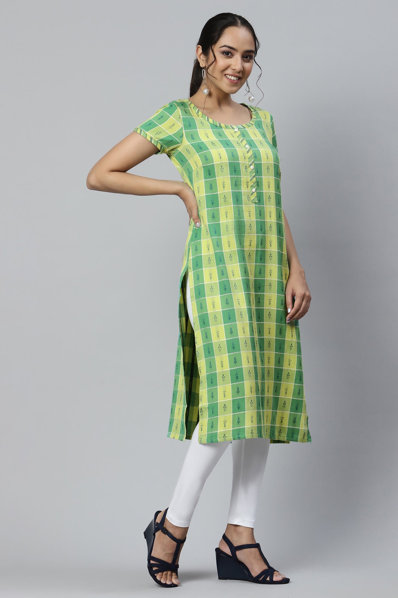 Green Dobby Printed Ethnic kurta