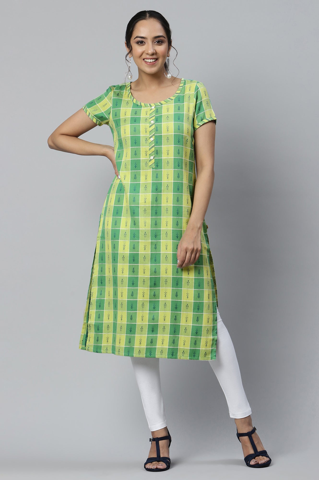 Green Dobby Printed Ethnic kurta