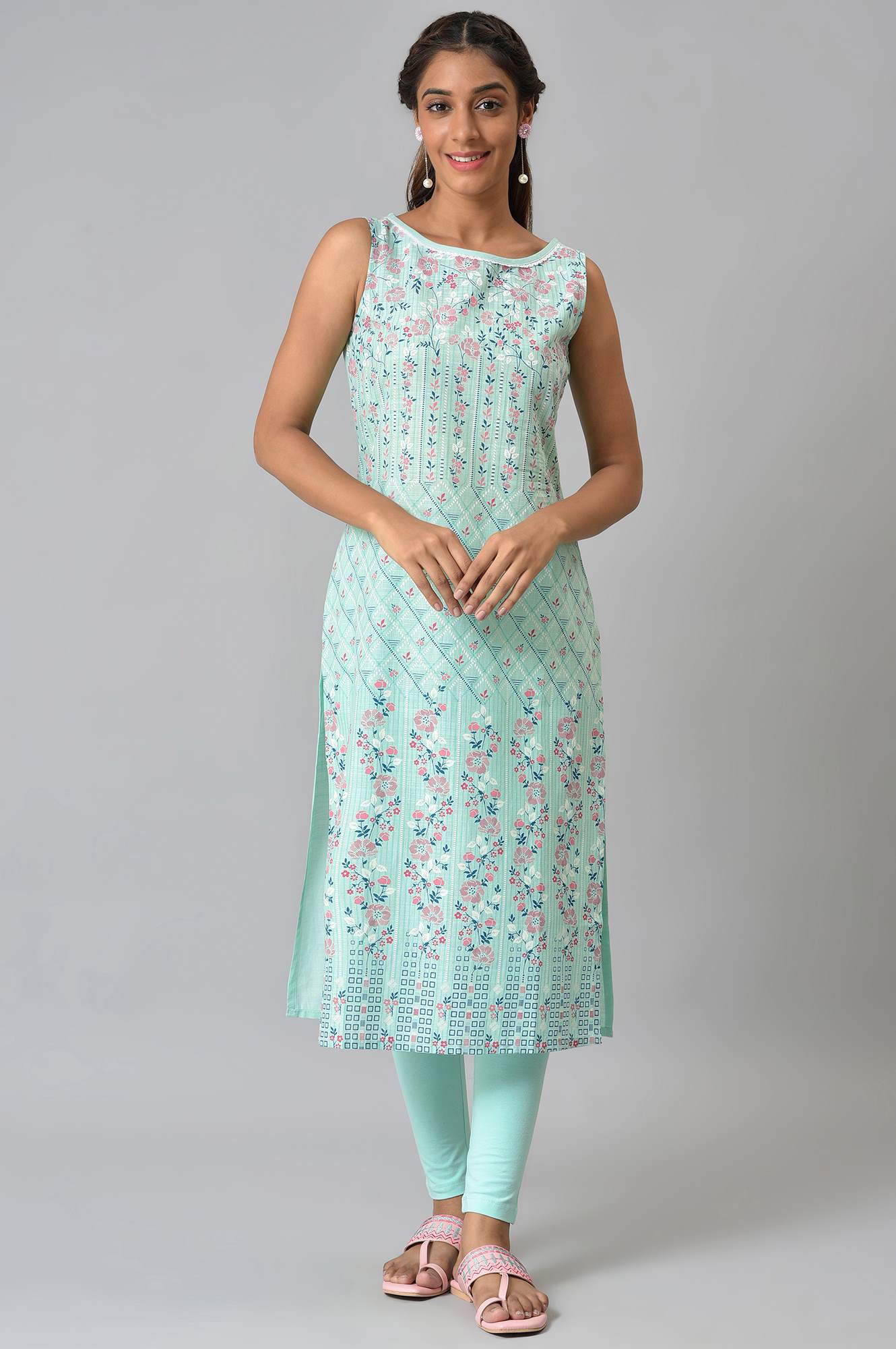 Blue Cotton Sleeveless Printed kurta