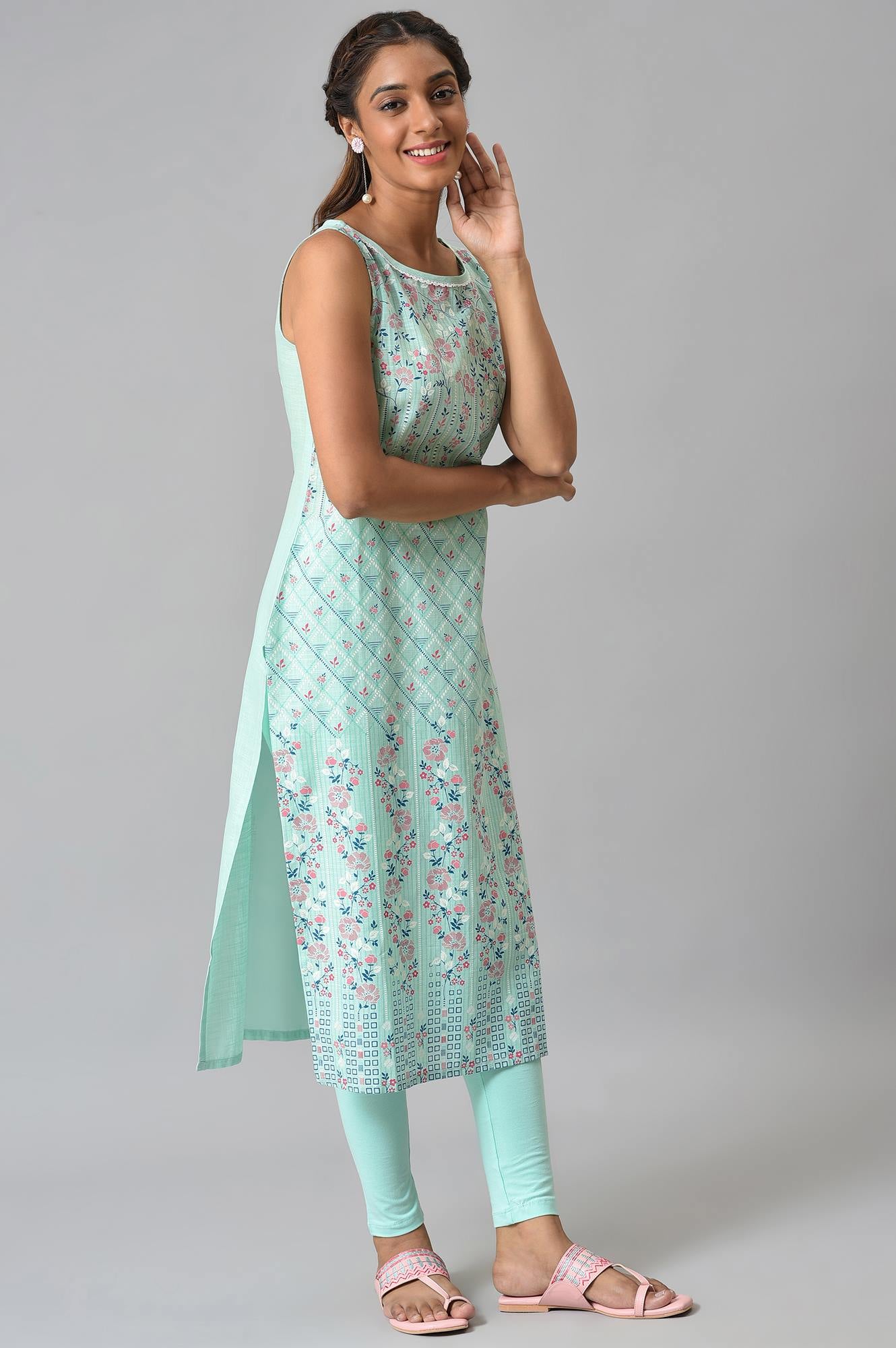 Blue Cotton Sleeveless Printed kurta