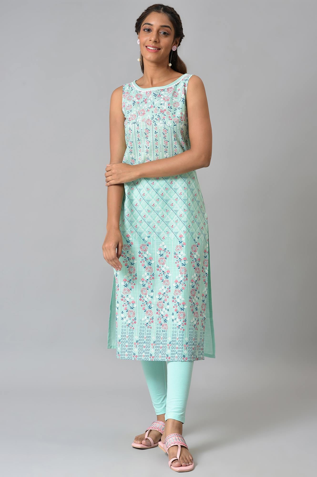 Blue Cotton Sleeveless Printed kurta