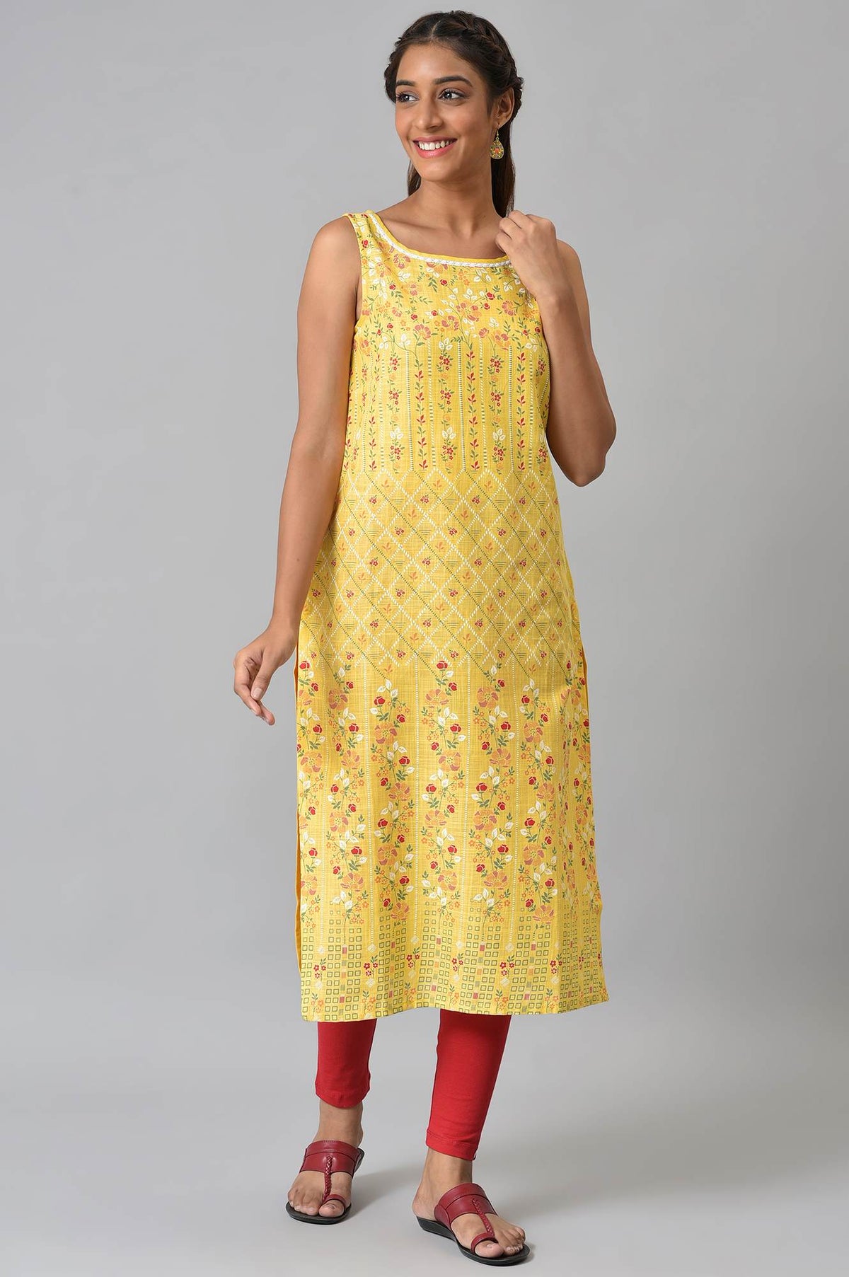 Yellow Cotton Sleeveless Printed kurta - XS