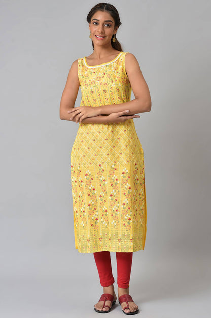 Yellow Cotton Sleeveless Printed kurta