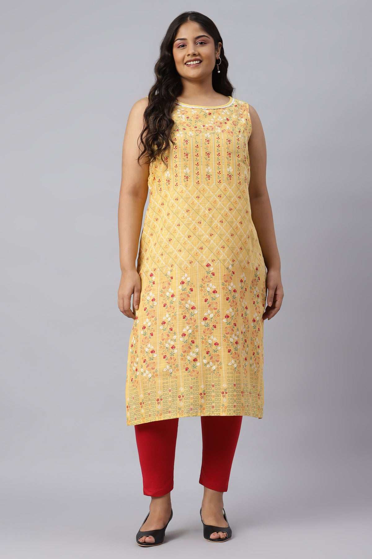 Yellow Cotton Sleeveless Plus Size kurta - 3XL