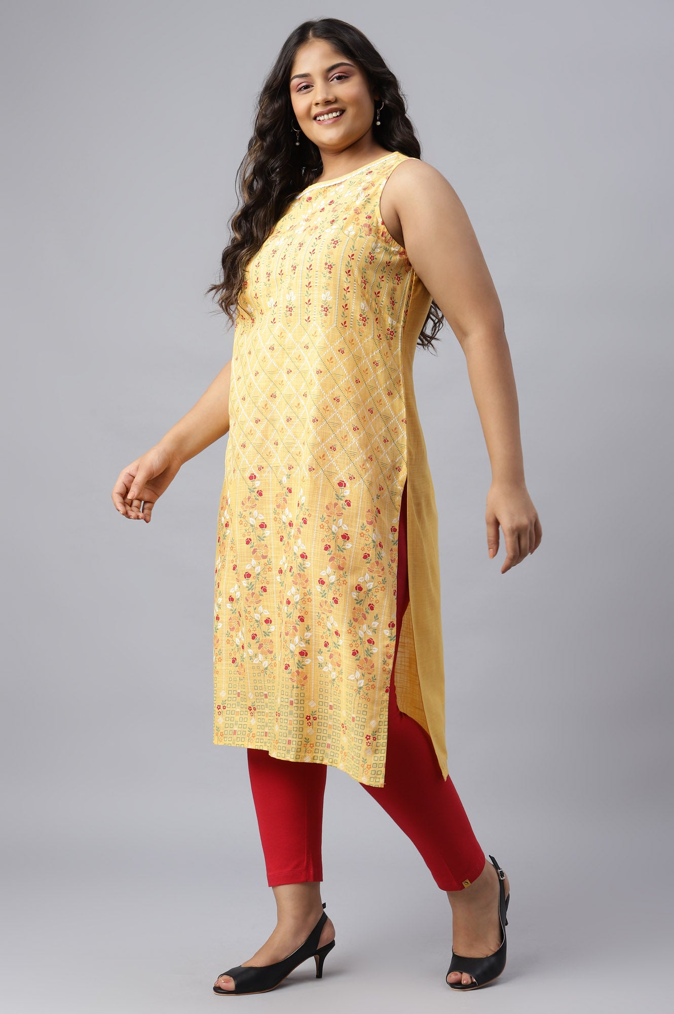 Yellow Cotton Sleeveless Plus Size kurta